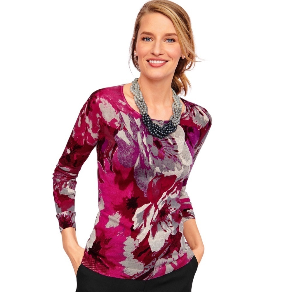 TALBOTS Botanical Floral Print Women's Pure Merino Knit Crewneck Sweater Size XS